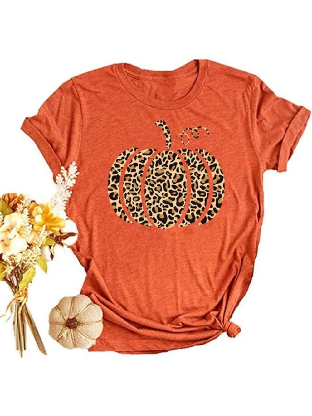 🆕 Women's Orange Leopard Pumpkin Cheetah Print Fall Halloween Graphic Tee